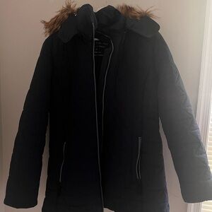 Blue Puffer Coat with Fur-Trimmed Hood